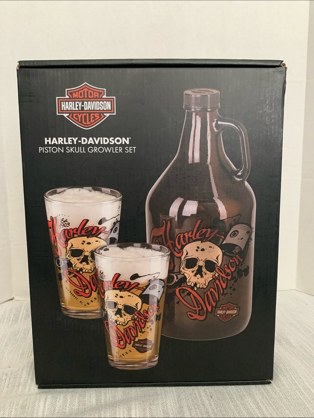 Harley-Davidson® Piston Skull Growler Set w/ Two 16 oz. Pint Glasses